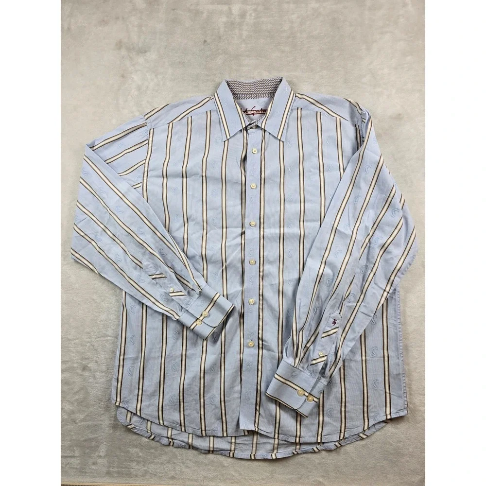 Robert Graham Shirt Mens 2XL Blue Striped Cotton Paisley Long Sleeve Button Down
